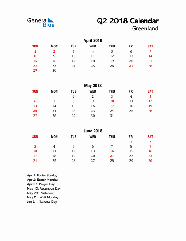 2018 Q2 Calendar with Holidays List for Greenland