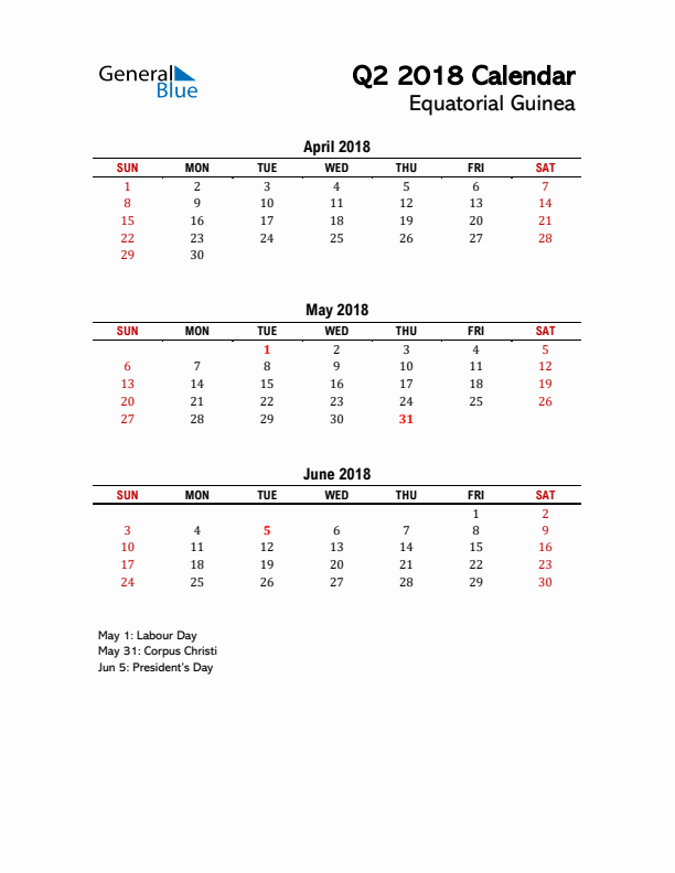 2018 Q2 Calendar with Holidays List for Equatorial Guinea