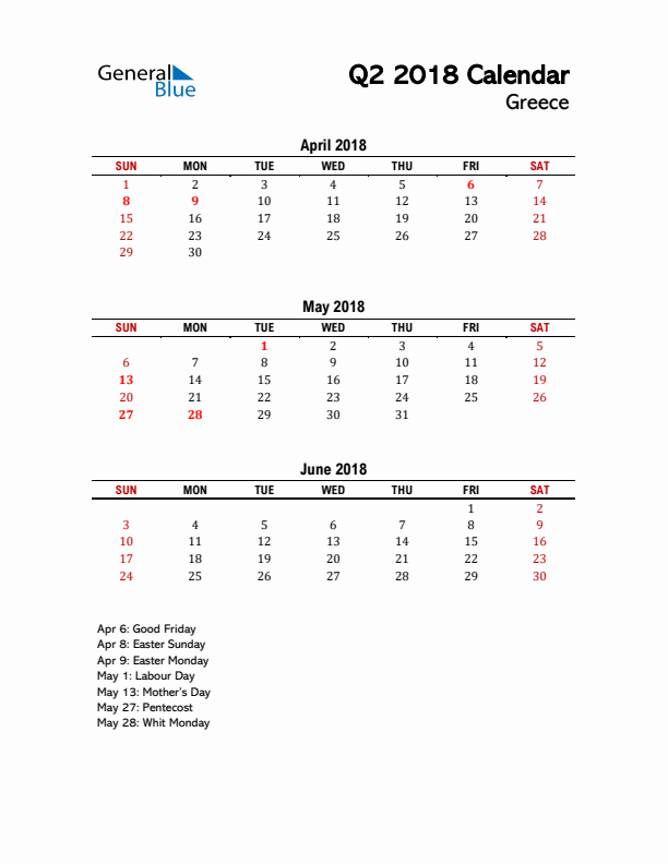 2018 Q2 Calendar with Holidays List for Greece