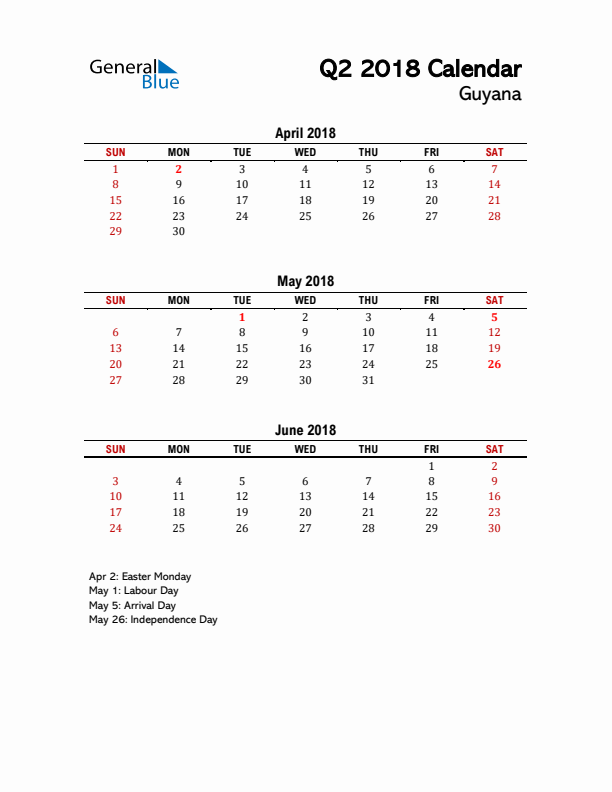 2018 Q2 Calendar with Holidays List for Guyana