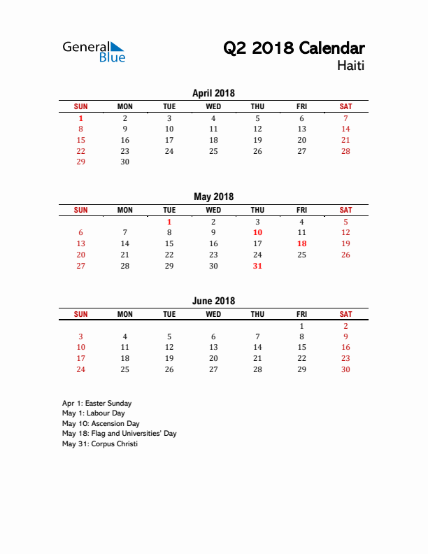 2018 Q2 Calendar with Holidays List for Haiti