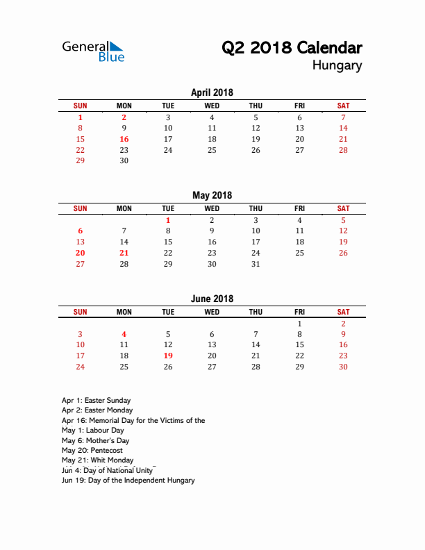 2018 Q2 Calendar with Holidays List for Hungary