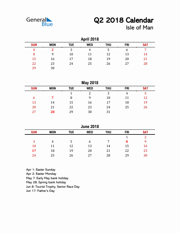 2018 Q2 Calendar with Holidays List for Isle of Man