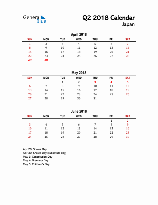 2018 Q2 Calendar with Holidays List for Japan