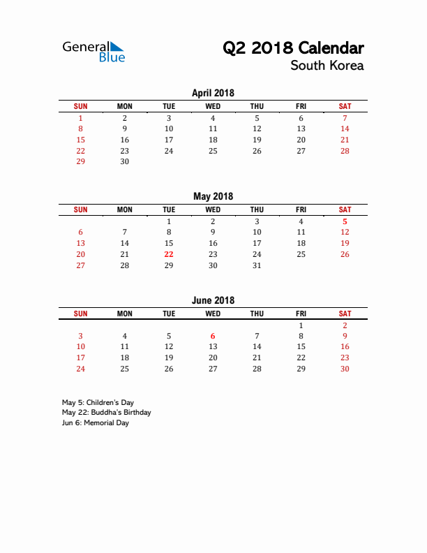 2018 Q2 Calendar with Holidays List for South Korea