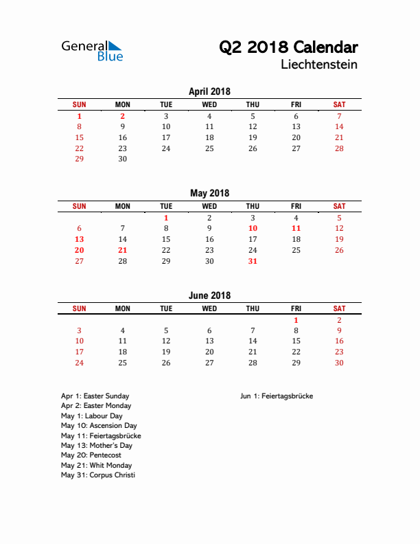 2018 Q2 Calendar with Holidays List for Liechtenstein