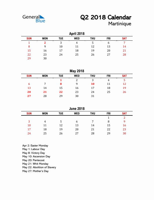 2018 Q2 Calendar with Holidays List for Martinique