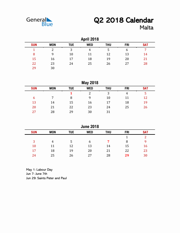 2018 Q2 Calendar with Holidays List for Malta