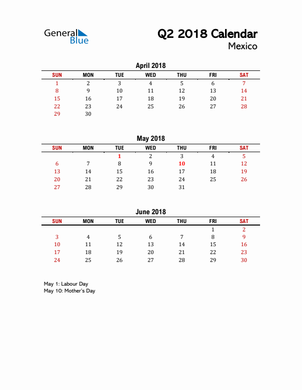 2018 Q2 Calendar with Holidays List for Mexico