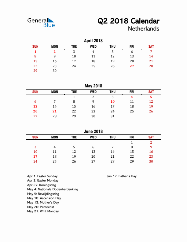 2018 Q2 Calendar with Holidays List for The Netherlands