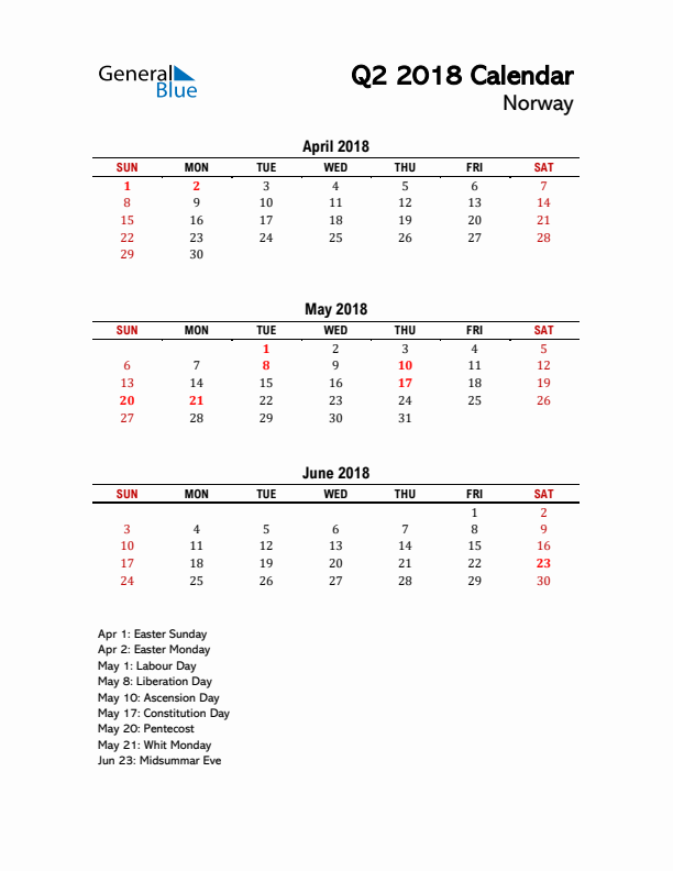 2018 Q2 Calendar with Holidays List for Norway