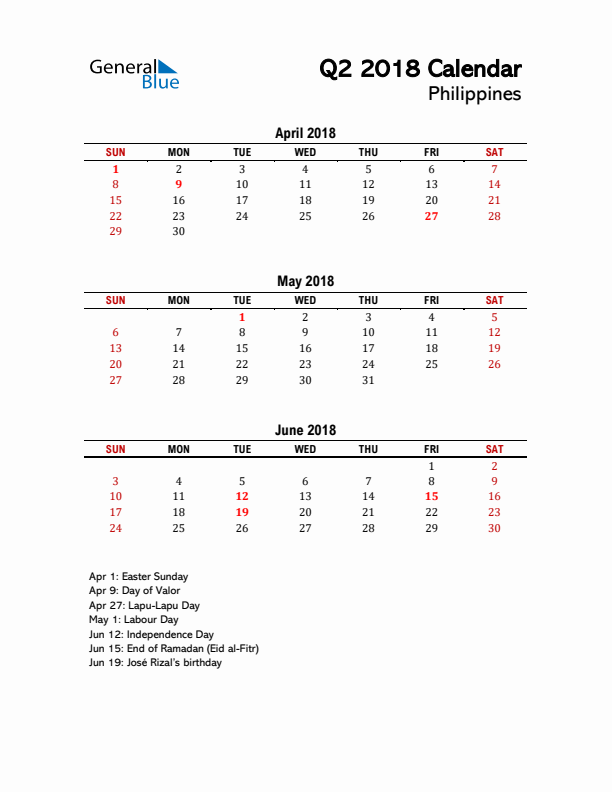 2018 Q2 Calendar with Holidays List for Philippines