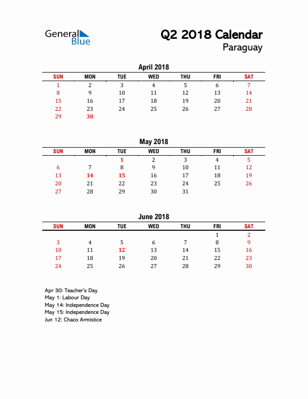 2018 Q2 Calendar with Holidays List for Paraguay