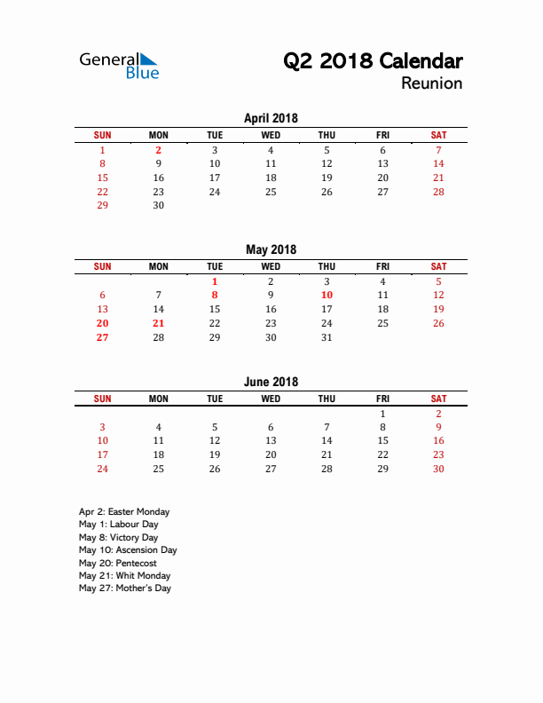 2018 Q2 Calendar with Holidays List for Reunion