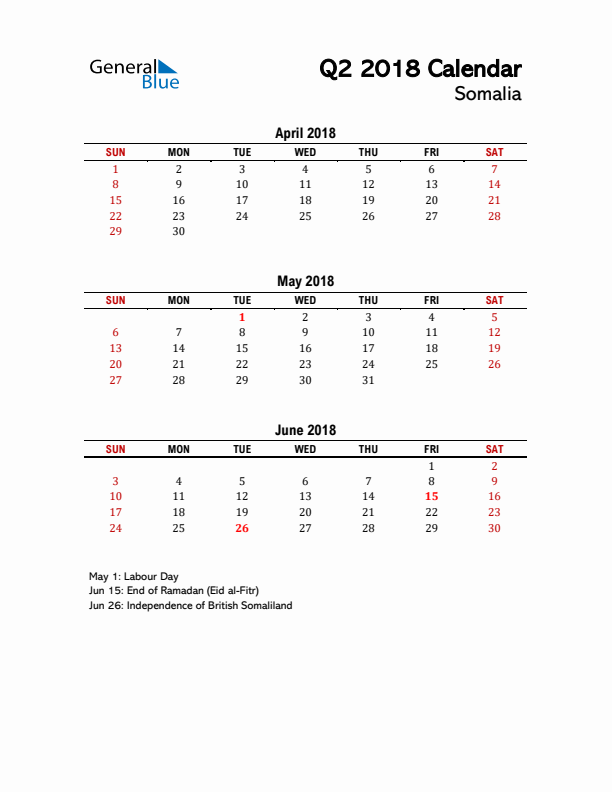 2018 Q2 Calendar with Holidays List for Somalia