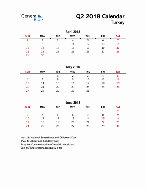 2018 Q2 Calendar with Holidays List for Turkey