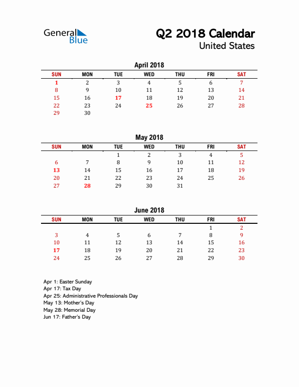 2018 Q2 Calendar with Holidays List for United States