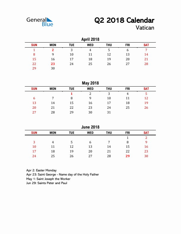 2018 Q2 Calendar with Holidays List for Vatican