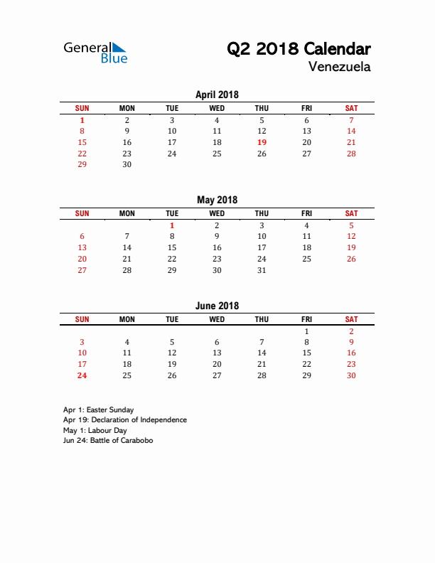 2018 Q2 Calendar with Holidays List for Venezuela