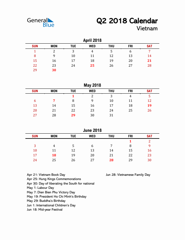 2018 Q2 Calendar with Holidays List for Vietnam