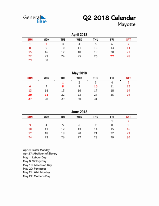 2018 Q2 Calendar with Holidays List for Mayotte