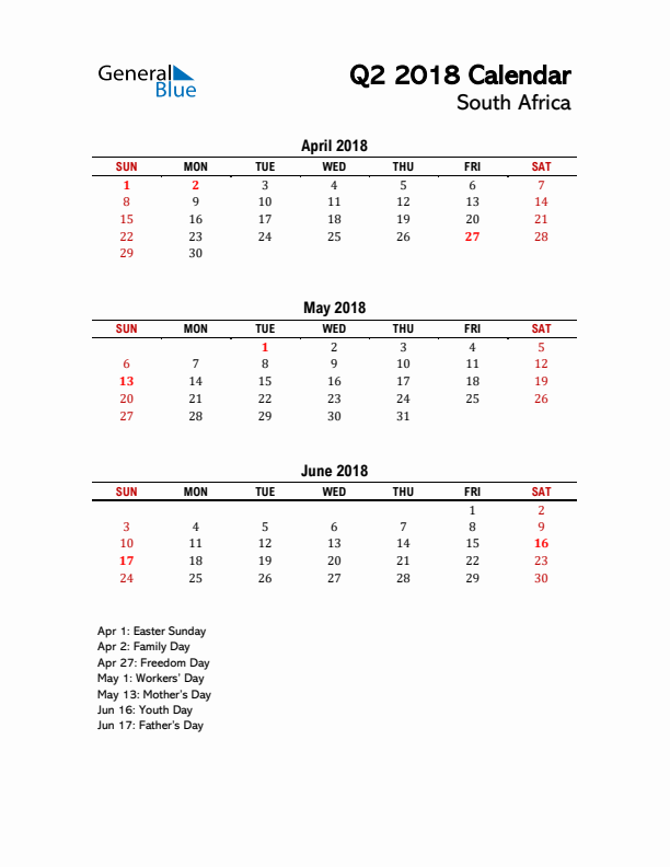 2018 Q2 Calendar with Holidays List for South Africa