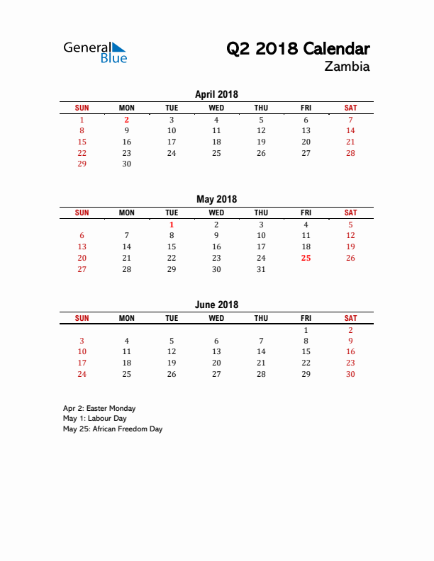 2018 Q2 Calendar with Holidays List for Zambia