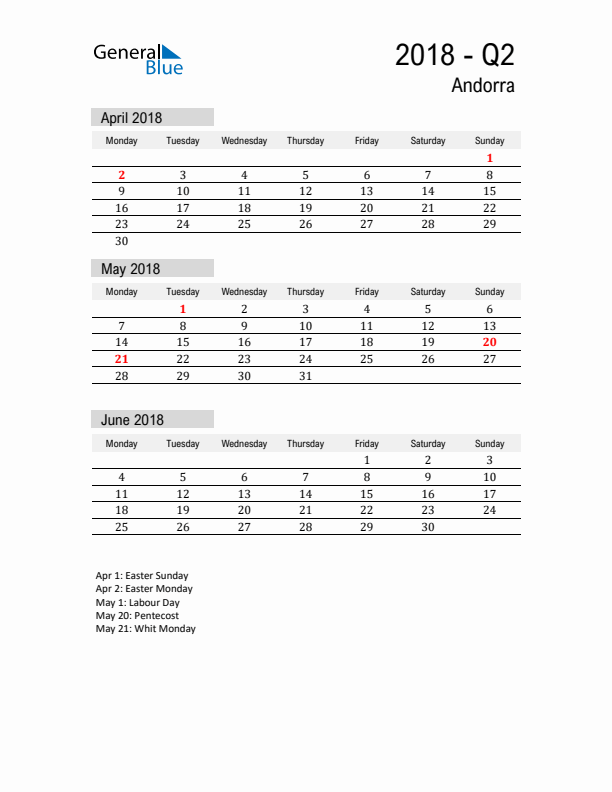 Andorra Quarter 2 2018 Calendar with Holidays