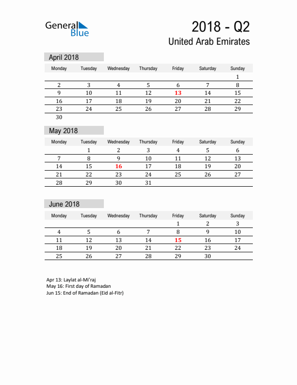 United Arab Emirates Quarter 2 2018 Calendar with Holidays