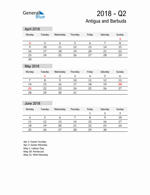 Antigua and Barbuda Quarter 2 2018 Calendar with Holidays