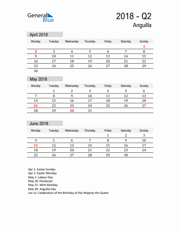 Anguilla Quarter 2 2018 Calendar with Holidays