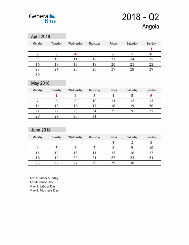 Angola Quarter 2 2018 Calendar with Holidays