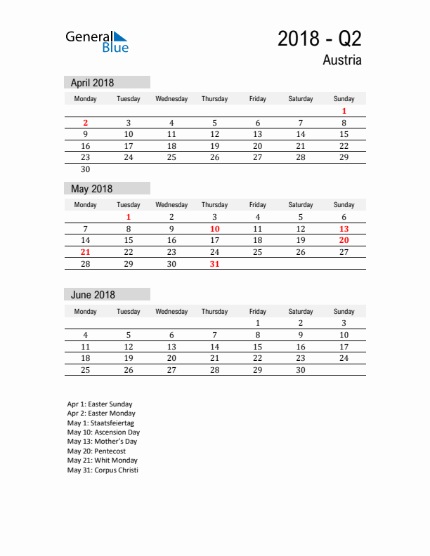 Austria Quarter 2 2018 Calendar with Holidays