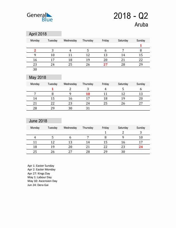 Aruba Quarter 2 2018 Calendar with Holidays