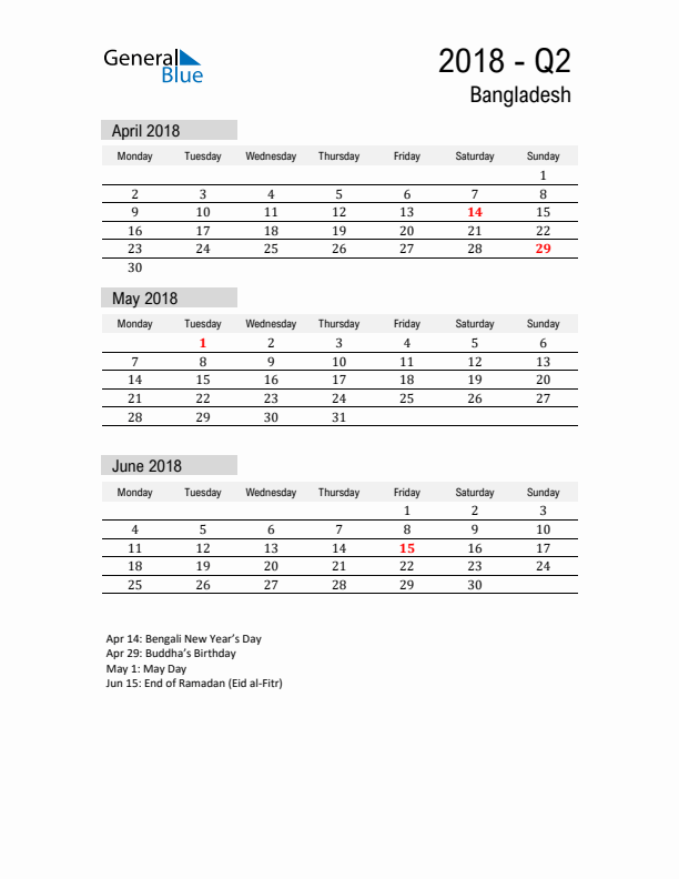 Bangladesh Quarter 2 2018 Calendar with Holidays