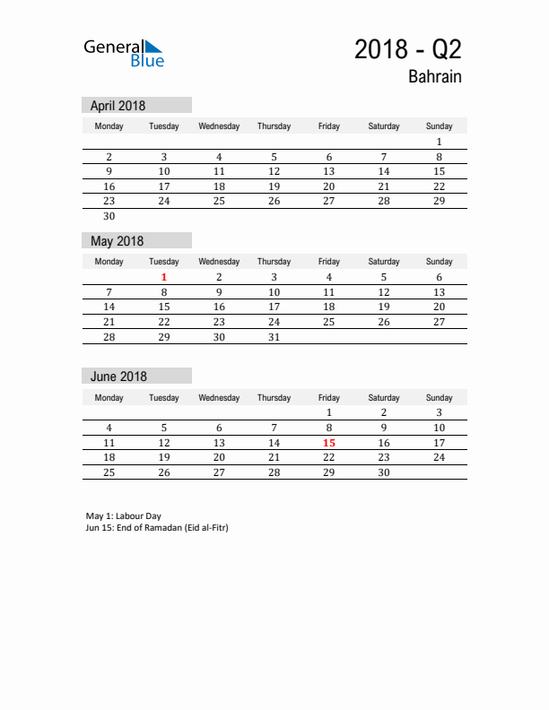 Bahrain Quarter 2 2018 Calendar with Holidays