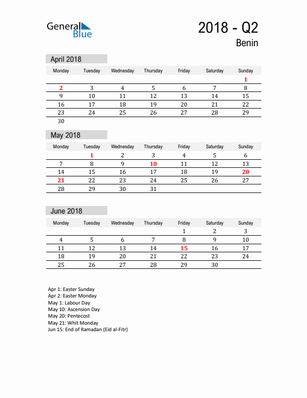 Benin Quarter 2 2018 Calendar with Holidays