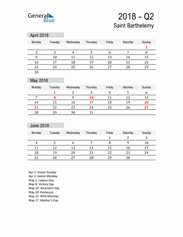 Saint Barthelemy Quarter 2 2018 Calendar with Holidays