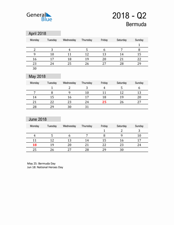 Bermuda Quarter 2 2018 Calendar with Holidays