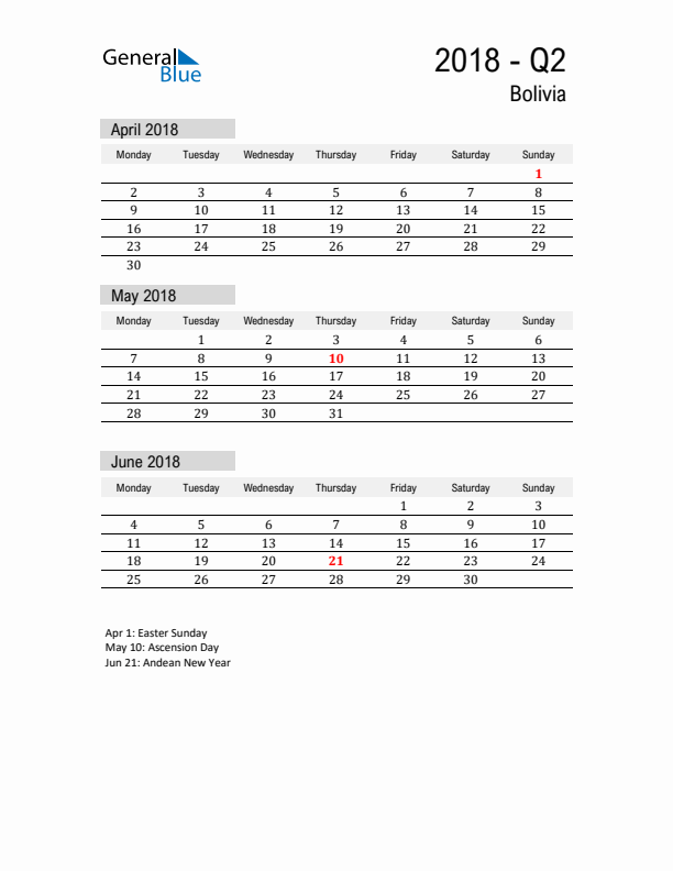 Bolivia Quarter 2 2018 Calendar with Holidays