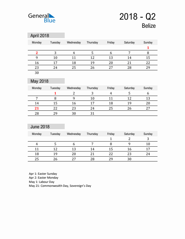 Belize Quarter 2 2018 Calendar with Holidays