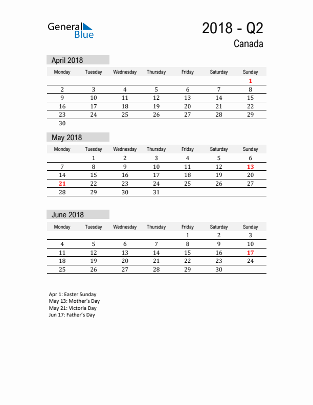 Canada Quarter 2 2018 Calendar with Holidays