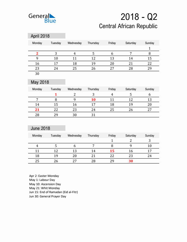 Central African Republic Quarter 2 2018 Calendar with Holidays