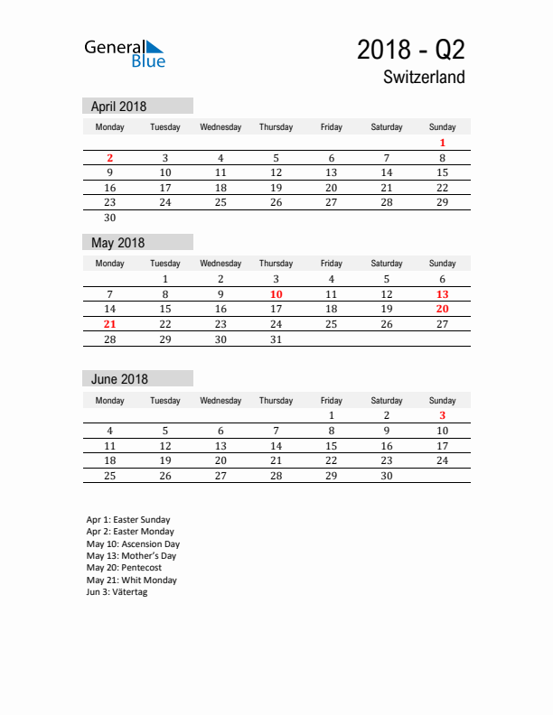 Switzerland Quarter 2 2018 Calendar with Holidays