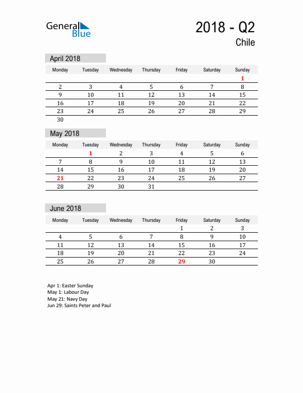 Chile Quarter 2 2018 Calendar with Holidays