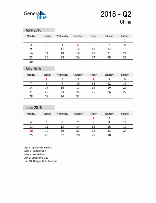 China Quarter 2 2018 Calendar with Holidays