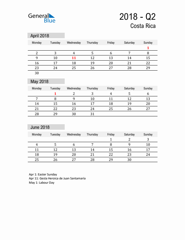 Costa Rica Quarter 2 2018 Calendar with Holidays