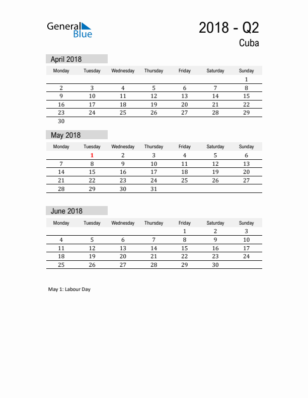 Cuba Quarter 2 2018 Calendar with Holidays