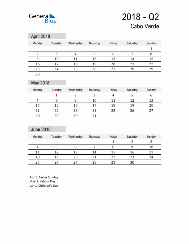 Cabo Verde Quarter 2 2018 Calendar with Holidays