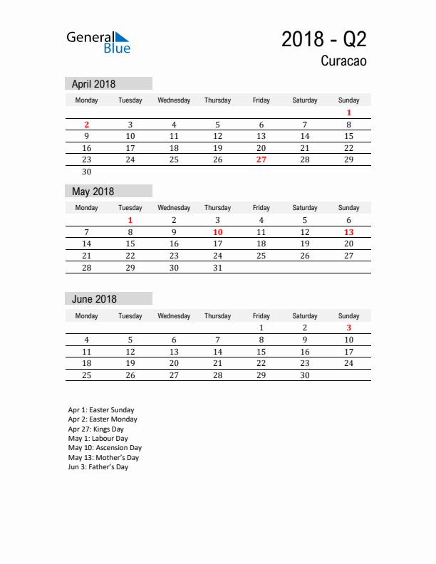 Curacao Quarter 2 2018 Calendar with Holidays